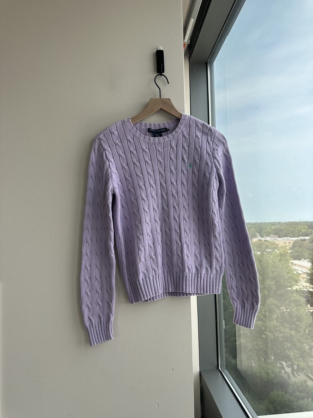 Ralph Lauren Cable Knit Crew Neck Cotton Purple Academia Preppy Sweater Sz M